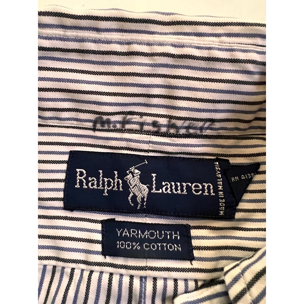 Ralph Lauren Yarmouth Mens 17 34 Pinstripe Button Down Shirt Navy Blue White - Picture 3 of 7